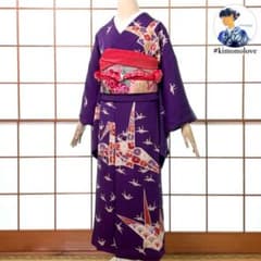 訪問着 一つ紋 正絹 ちりめん 金彩 折り鶴 紫 アンティーク着物 A-2722