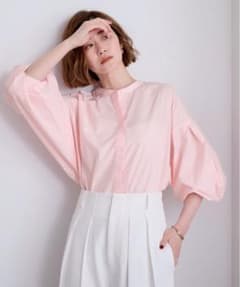 極美品 ビアズリー ロングシャツ バンドカラー ボリューム袖 ピンク F ボリュームスリーブ バンドカラーシャツ ピンク - メルカリ