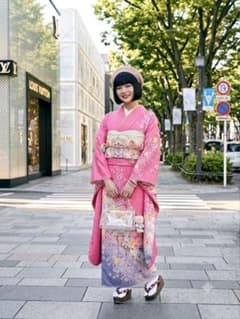 【 振袖 成人式 ピンク地 桜柄・白地宝相華袋帯 セット 】のサムネイル