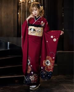 美品　正絹振袖フルセット　蝶と花柄 深紅 華やか 成人式に！ 深紅 美品 正絹振袖フルセット モダン 花柄 成人式にも！！ - メルカリ