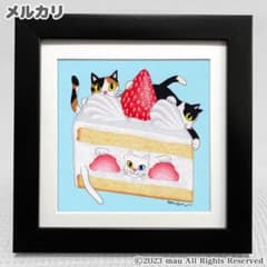 『いちごショートケーキにゃんこ』 原画 八角形パネル ミニ絵画　油絵　猫 原画「三匹の猫〜いちごショートケーキ」猫/アート/絵画/イラスト