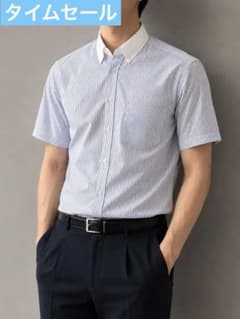 [新品]UNIQLO 半袖 Yシャツ ブルーストライプ Lサイズ 綿素材 清涼感のサムネイル
