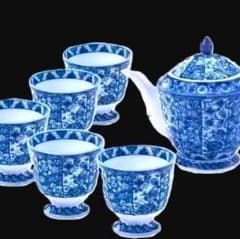 新品箱入6点 龍峰窯 染付更紗 ポット&高台カップ 茶器セット 冷茶にも