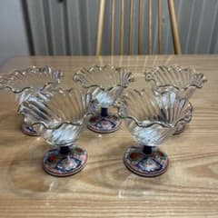 三洋陶器 龍峰窯 つみき 赤絵花鳥 ガラスデザート鉢揃 高台小鉢 輪花鉢