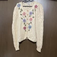ヴィンテージ　花柄刺繍 ニットカーディガン 長袖 アイボリーのサムネイル