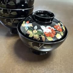 黒い汁椀6個セット 花柄のサムネイル