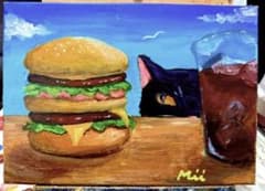 384　アクリル画 ハンバーガーと黒猫 384 アクリル画 ハンバーガーと黒猫 - メルカリ