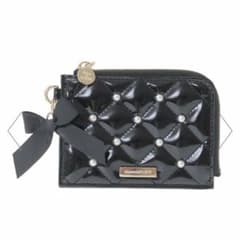 Pearl x Ribbon Enamel Quilted Women's Wallet Card Case Black