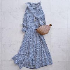 極美品 アルアバイル ストライプアシメフレアシャツワンピース ブルー