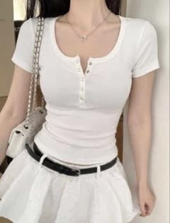 SHEIN ヘンリーネック リブTシャツ ホワイトのサムネイル