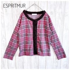 ☆エスプリミュール☆チェック柄ノーカラーカーディガン 赤紫/ピンク系 きれいめ