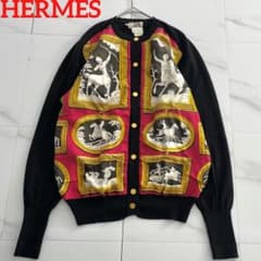 美品●Vintage HERMES シルクニットカーディガン スカーフ柄 黒 M 美品○Vintage HERMES シルクニットカーディガン スカーフ柄 黒 M