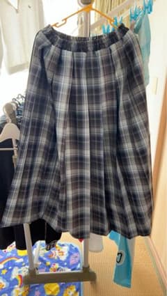 チェック柄フレアスカート ロングスカート ウエストゴム ブルー系のサムネイル