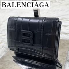 バレンシアガ 三つ折財布 ブラック アワーグラス クロコ Bロゴ 9.5㎝ ✨美品✨】 バレンシアガ 三つ折り財布 アワーグラス クロコ ブラック
