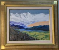 【真作】絵画　油彩6号　白峰遥か　光射す渓谷　風景画　額装　雪嶺の朝　B170 真作】絵画 油彩6号 白峰遥か 光射す渓谷 風景画 額装 雪嶺の朝 B170