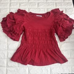 【お値下げ】POPPY ボルドー フリルスリーブ シャーリング カットソーのサムネイル