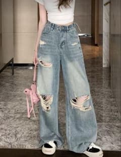 sheinウォッシュド ダメージワイドレッグジーンズのサムネイル