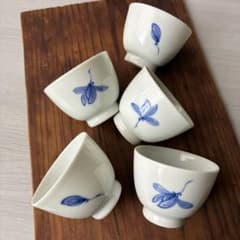 高野清鳳　染付蘭文 玉露碗　煎茶碗　煎茶道具　京焼　5客揃　時代物　茶器　骨董 高野清鳳 染付蘭文 玉露碗 煎茶碗 煎茶道具 京焼 5客揃 時代物 茶器