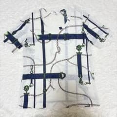 チェーン.ベルト柄 半袖Tシャツ ホワイト 総柄 上品デザインのサムネイル