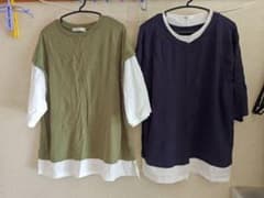 4L チュニック2枚セット 重ね着風 カーキ 紺 大きいサイズのサムネイル