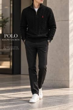 POLO RALPH ラルフローレン ケーブルニット ハーフジップ 黒 Lのサムネイル