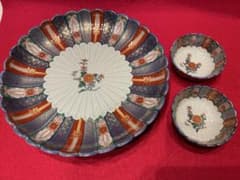 ◉セール！新品　林九郎窯 3枚セット　大皿1.小鉢2 菊割　染錦地紋　波佐見