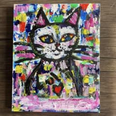 猫の油絵風アートパネルカラフルな抽象画 キャンバスF3 アクリル画