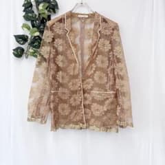 美品✨ 伊太利屋 レース ジャケット ピンク 花柄 金ボタン シアー 