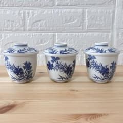 昭和レトロ 染付 茶碗蒸し碗 蓋付き3客のサムネイル