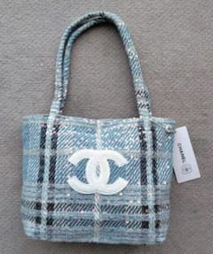 CHANEL 】シャネル ツイード チェック トートバッグ 水色 ノベルティ