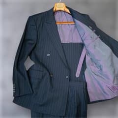 最高級 ゼニア スーツ セットアップ L〜XL 紺 ストライプ 裏地紫