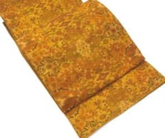 K中古美品 未仕立て袋帯 唐花 宝相華文様 金茶山吹色□N80624-37