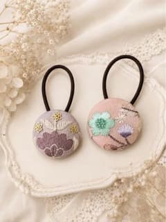ハンドメイド インド刺繍 くるみボタン ヘアゴム2点セット リバティ