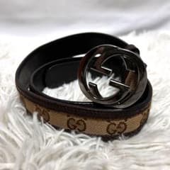 GUCCI GGマーモント シマ　キャンバス　レザー　ベルト　ブラウン　シルバー GUCCI GGマーモント シマ キャンバス レザー ベルト ブラウン シルバー
