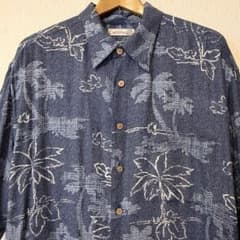 美品 XXL相当 アロハシャツ レーヨン ネイビー Caribbean ヤシの木