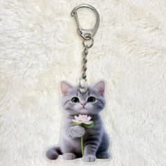 猫キーホルダー アメリカンショートヘア グレー猫 マンチカン