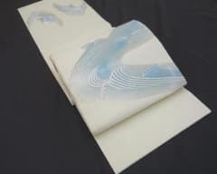 K中古美品 夏物 開き名古屋帯 波模様 銀糸 白系×水色□N80630-07
