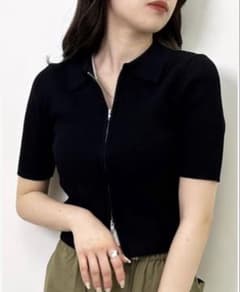 襟付きフロントジップ半袖ニットカーディガンのサムネイル
