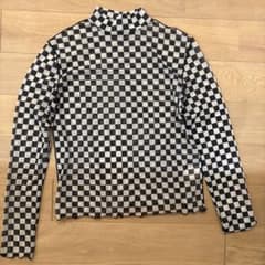 モノトーン チェッカーフラッグ柄 シースルー 長袖トップス シアートップスのサムネイル