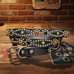 クロス赤青■本革レザーフルスタッズナローベルト☆ヴィンテージアメカジ古着キムタク クロス橙□本革レザーフルスタッズナローベルト☆アメカジ古着