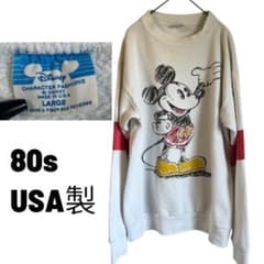 80s USA製 OLD Disney レトロミッキー スウェット L 白赤のサムネイル