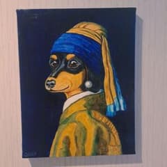 キャンバス油絵 　専用　真珠の耳飾りの青いターバンの犬　フェルメール楽しいアート キャンバス油絵 専用 真珠の耳飾りの青いターバンの犬 フェルメール