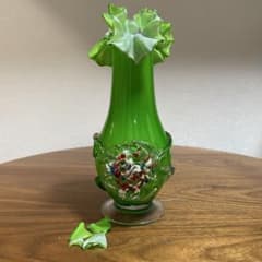 訳あり】昭和レトロ ガラス花瓶 フリル グリーン カラフル装飾