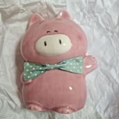 昭和レトロ 陶器製 豚の貯金箱 ピンク リボン付き キャラクター 加藤