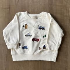 プティマイン 働く車 刺繍 トレーナー 90 アイボリー 白 男の子 裏毛 秋