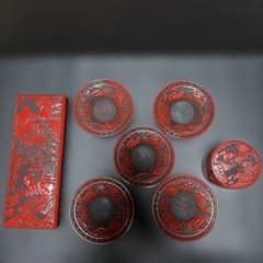 仙臺堆朱 筆箱 硯箱 茶托 茶筒 漆器 山水画 - メルカリ