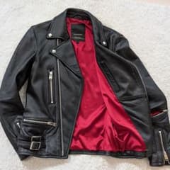 JACKROSE ブラック ダブルライダースジャケット 羊革 レッド バイ