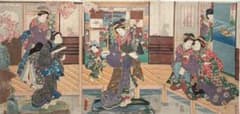 浮世絵版画、當世美人花之賑三枚綴り国輝舎国彦画（歌川国彦)安政2年出版 浮世絵版画、當世美人花之賑三枚綴り国輝舎国彦画（歌川国彦)安政2年