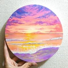夕暮れ》油絵 油彩画 海 風景画 直径20 cm - メルカリ