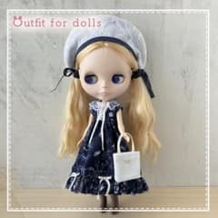 紺色花柄ワンピース、帽子、バッグ　ブライスアウトフィット、ハンドメイドドール服のサムネイル